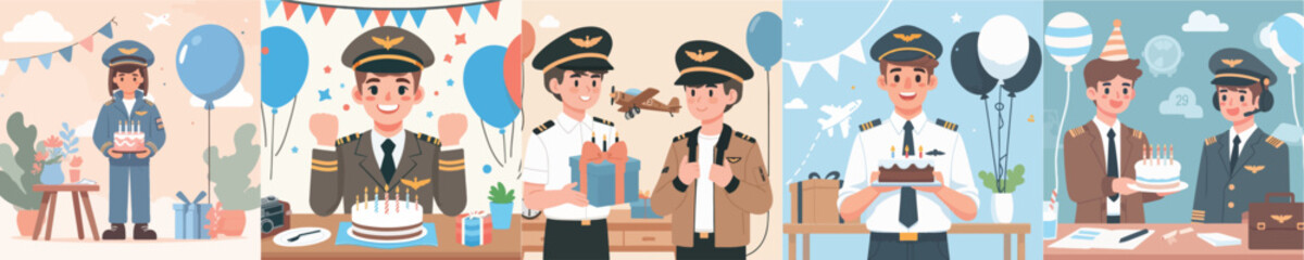birthday pilot character vector set