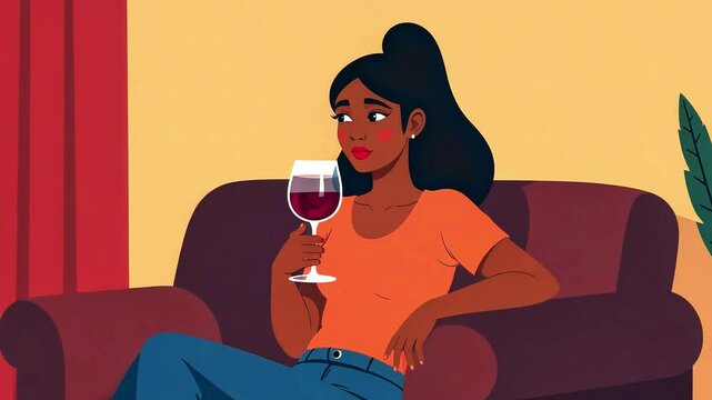Sad young woman with glass of wine sitting on sofa at home, cartoon vector style. Bad habits and loneliness concept