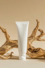 Elevated, minimalist beauty product tube, nestled amongst natural elements.  Creamy, blank tube positioned over textured driftwood against a soft beige backdrop
