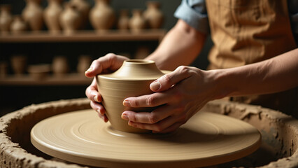 artisan crafting pottery on wheel in workshop