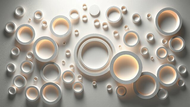 Moderne wei&szlig;e Papierkreise mit 3D-Effekt auf heller Wand, minimalistische abstrakte Kunst, sanft beleuchtet.