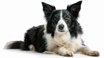 Fototapeta premium Border Collie Dog Sitting with Ears Perked in Isolated Background