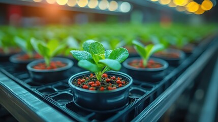 Close-up of vibrant green seedlings in black pots, thriving in a well-lit indoor garden setting