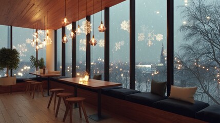 Fototapeta premium Cozy cafe interior with panoramic city view on a snowy evening, warm lighting, and comfortable seating.