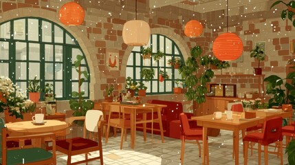 Obraz premium Cozy cafe interior with warm lighting, plants, and snowfall. Pixel art style.
