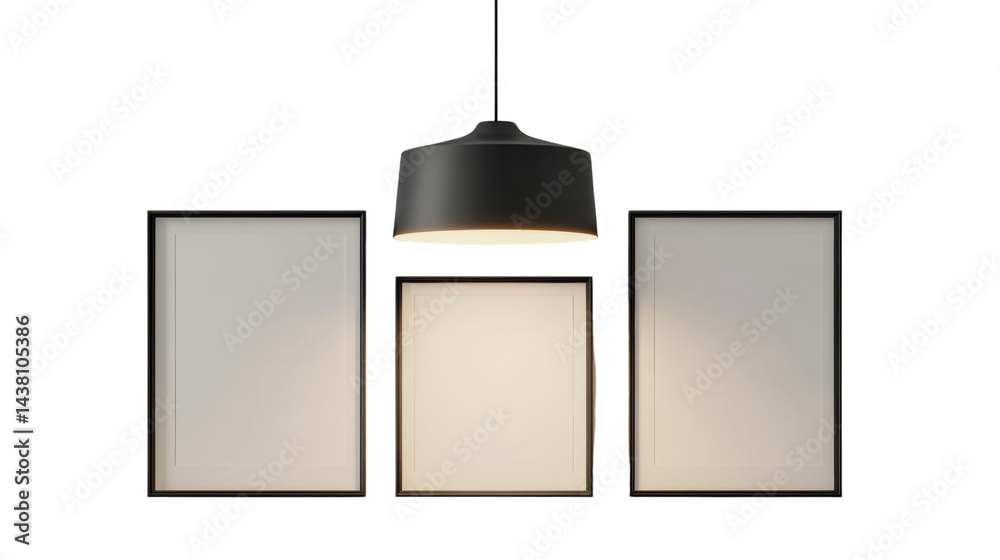 Aufkleber minimalist aesthetic featuring a pendant lamp illuminating three blank picture frames against a tran