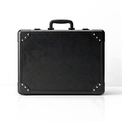 Minimalist matte black makeup suitcase with metal corners, white background.