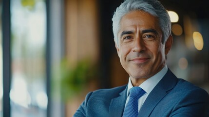 A professional portrait of a man in a suit, sitting at a desk with a backdrop that suggests an office environment.