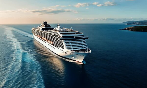 A luxury cruise ship sailing on the open sea, with white and blue colors, panoramic view, and a wide-angle lens. The bright sunshine illuminates its elegant design, showcasing modern technology and lu