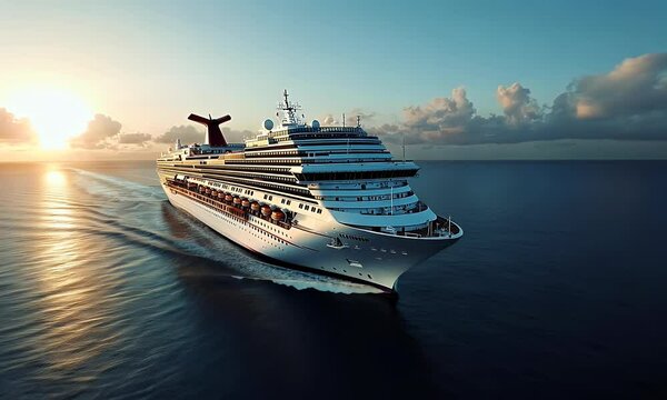 A luxury cruise ship sailing on the open sea, with white and blue colors, panoramic view, and a wide-angle lens. The bright sunshine illuminates its elegant design, showcasing modern technology and lu