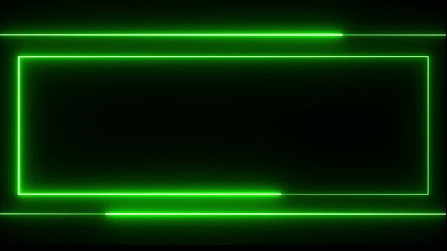 Neon line glowing square frame and lines on black background. Glowing green neon frame background animation square shape.