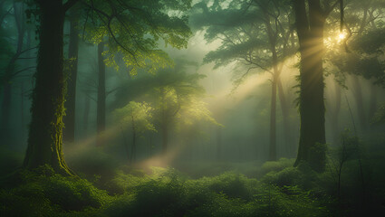Obraz premium A lush, mystical forest bathed in golden morning light. Tall trees with dewy leaves, mist rolling through the underbrush, and soft rays breaking through the canopy create a magical atmosphere. 