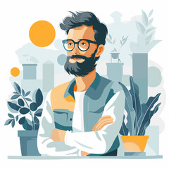 Hipster man with beard and mustache. Vector flat illustration.
