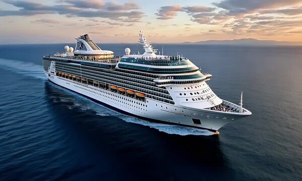A luxury cruise ship sailing on the open sea, with white and blue colors, panoramic view, and a wide-angle lens. The bright sunshine illuminates its elegant design, showcasing modern technology and lu