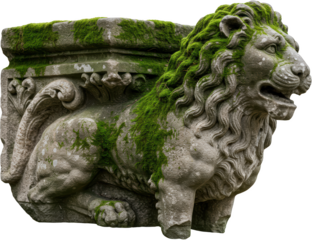 Moss Covered Stone Lion Statue Ancient Architectural Detail Garden Ornament Wildlife Sculpture