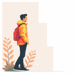 Hipster guy in aVector illustration of a young man in casual clothes standing in front of plants. yellow jacket. Vector illustration