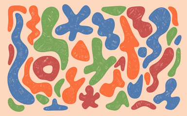 Set of color geometric shapes crayon drawn. Vector illustration