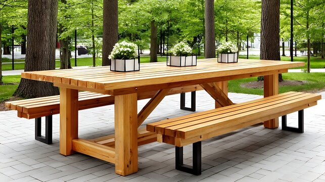 Wooden picnic table, park setting