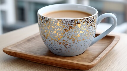 Fototapeta premium Elegant Light Blue Teacup with Gold Design on Wooden Tray Hot Drink Coffee