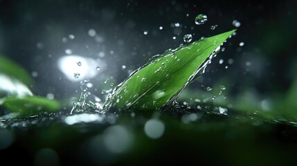 Fresh green leaf, water droplets, vibrant splash