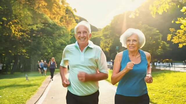 Elderly couple jogging in sunlit park, embracing active lifestyle and fitness journey together