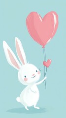 Obraz premium Cute rabbit holding a heart-shaped balloon.