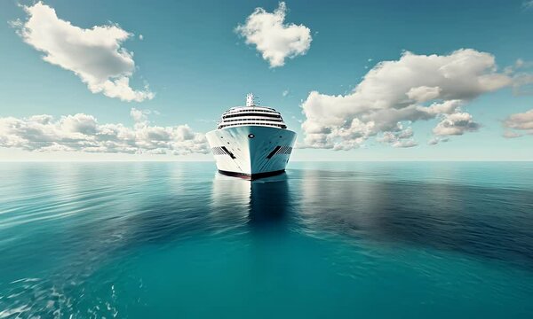 A luxury cruise ship sailing on the open sea, with white and blue colors, panoramic view, and a wide-angle lens. The bright sunshine illuminates its elegant design, showcasing modern technology and lu