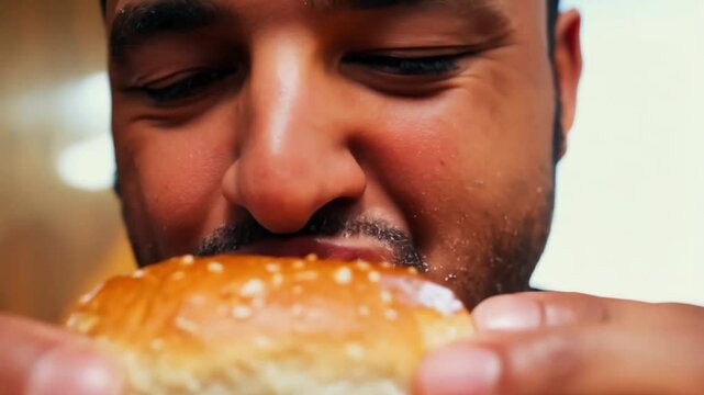 Man enjoys eating tasty burger with focus on satisfaction and texture