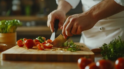Chef preparing a meal, expertly slicing fresh vegetables on a wooden board