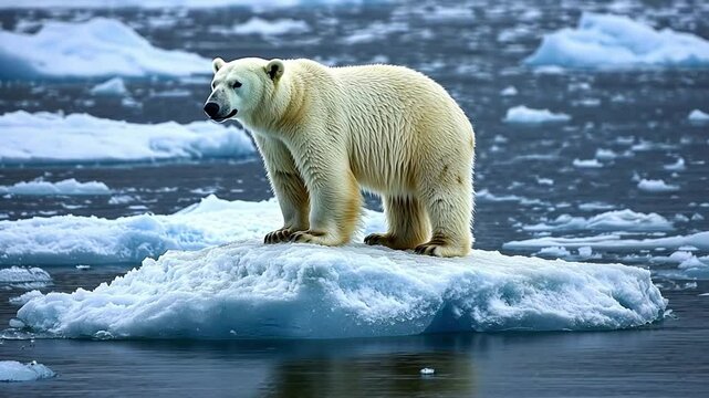 Polar bear drifts on iceberg amidst melting arctic waters highlighting climate change