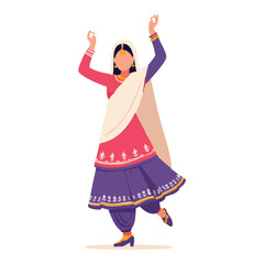 Joyful indian woman dancing cultural folk dance vector illustration