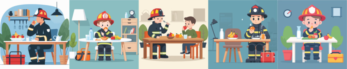 Fototapeta premium firefighter character vector eating fruit