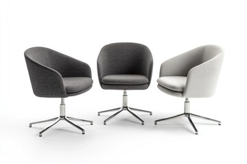 Three modern swivel chairs with upholstered seats and chrome legs, offering comfort and style.