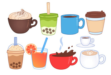 Vector illustration of coffee cups, bubble tea, and juice. Isolated beverage objects for cafe and breakfast themes.