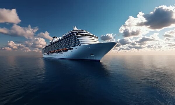 A luxury cruise ship sailing on the open sea, with white and blue colors, panoramic view, and a wide-angle lens. The bright sunshine illuminates its elegant design, showcasing modern technology and lu