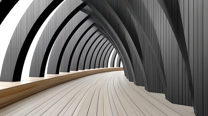 Abstract Modern Architecture Curved Wooden Path Dark Arched Walls Interior Design