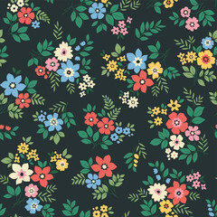 Seamless floral pattern, liberty ditsy print with rustic motif. Beautiful vintage design for fabric, paper: hand drawn plants, small flowers, tiny leaves on dark blue background. Stock vector print