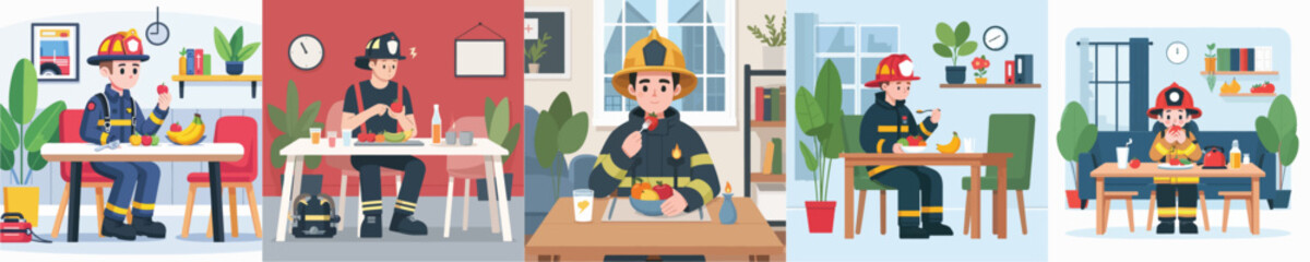 firefighter character vector eating fruit