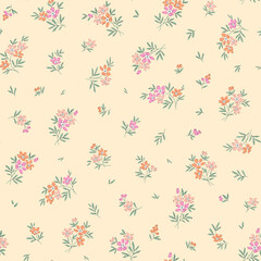 Fototapeta premium Floral pattern. Cute flowers on ivory cream background. Printing with small coral orange and pink flowers. Ditsy print. Seamless vector texture. Spring bouquet. Stock pattern. Vintage template 