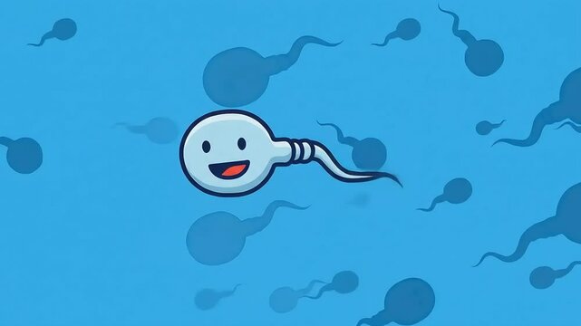 Sperm cell illustration with smiling face on blue background for medical and educational purposes, Generative AI