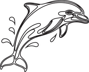A dynamic black and white continuous line drawing of a dolphin leaping gracefully above ocean waters creating a lively and energetic marine life scene on a white background