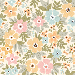 Vintage seamless floral pattern. Liberty style background of small pastel colorful flowers. Small flowers scattered over a white background. Stock vector for printing on surfaces. Easter flowers.