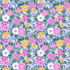 Beautiful floral pattern in small vintage flowers. Small white, pink and yellow flowers. Light lilac background. Ditsy print. Floral seamless background. Gentle template for fashion prints. Stock 