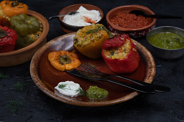 Vegan stuffed peppers with rice, corn grits, vegetables and herbs on clay servingware with side dishes