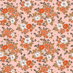 Vector seamless pattern. Vintage pattern in small roses flowers. Small white and orange flowers. Pink background. Liberty floral background. Trendy hand drawn template for fashion prints. Stock vector