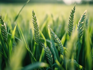 This image captures the essence of rural life and natural beauty, featuring a close-up view of a wheat field in full bloom under a bright sun. The golden color of the wheat stands out against the