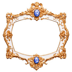 Ornate golden picture frame with blue gemstone embellishments on a neutral background