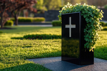 Grave marker with greenery in a peaceful cemetery during golden hour