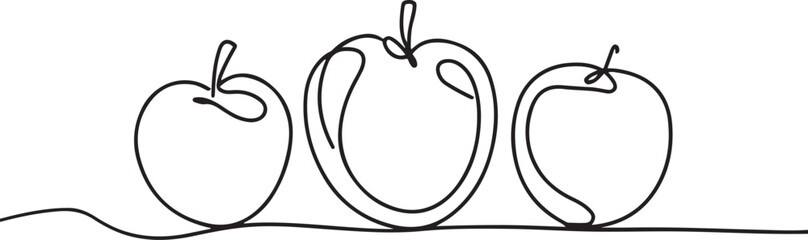 A minimalist black line sketch of three plums spaced evenly apart with continuous lines for stems, all isolated on a white background