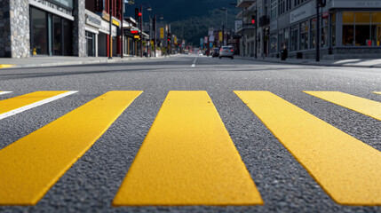Wide view of crosswalk lines on a quiet street in a small town during daytime with mountains in the background